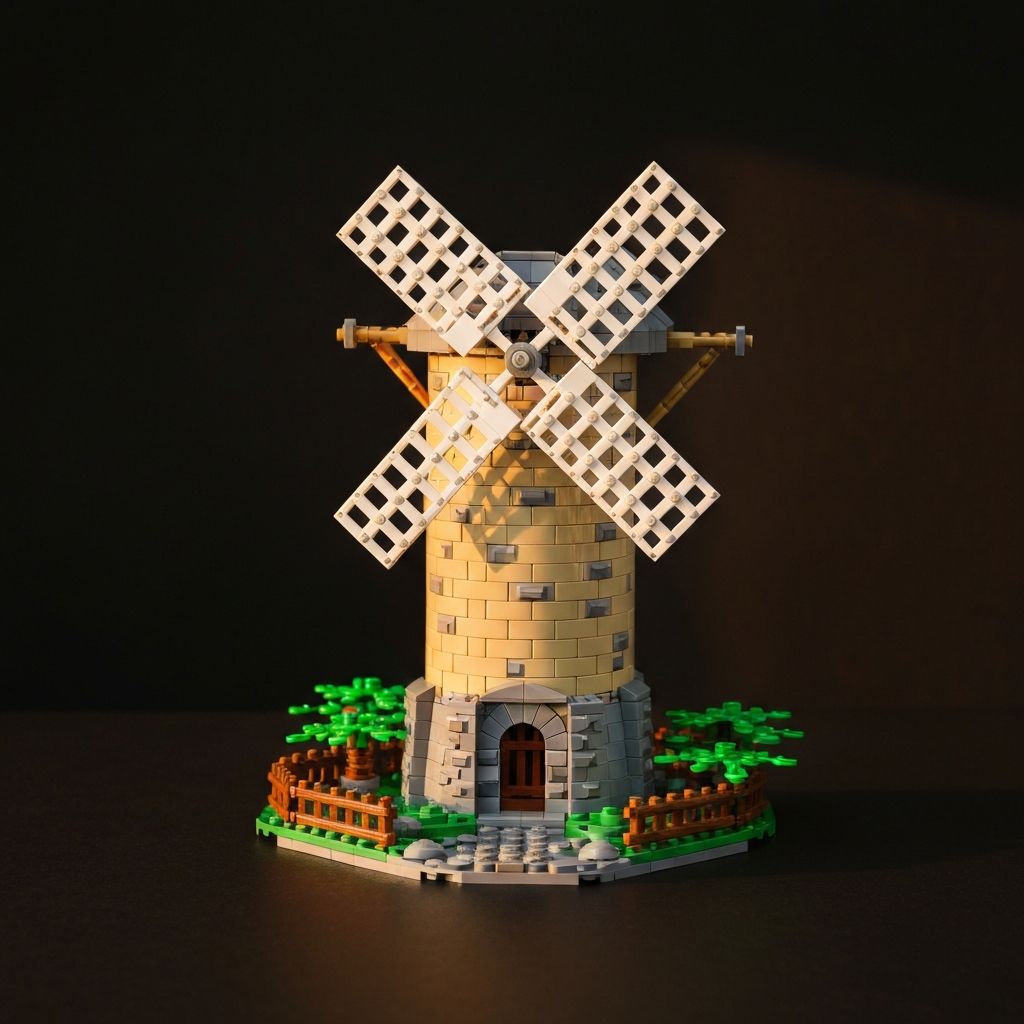 Premium adult building block Reobrix-style windmill model with tan and grey stone tower, four white rotating sail blades, and surrounding landscape accessories with warm golden side lighting