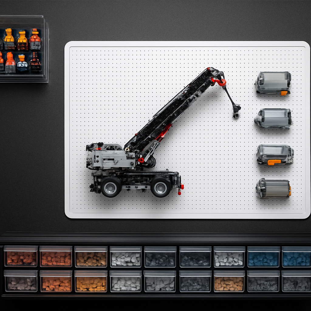 Overhead view of complete adult brick builder workspace with motorized Technic crane, motor components, UV acrylic minifig display case, and 12-drawer storage table on dark surface