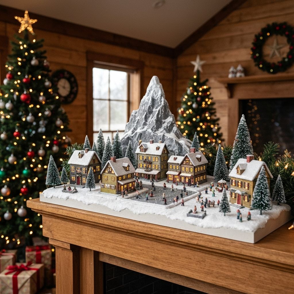 PZX Christmas House displayed as part of a festive winter village scene with LED street lights and cotton snow texture