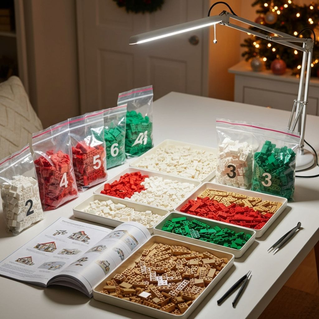 Organized adult builder workspace for the PZX Christmas House set with sorted bricks and LED desk lamp