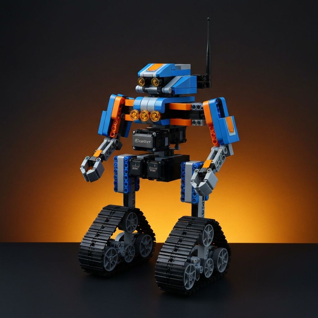Premium building block remote control robot kit model with articulated arm joints, rotating turret, visible servo motors, and 2.4GHz receiver antenna, displayed on a dark surface