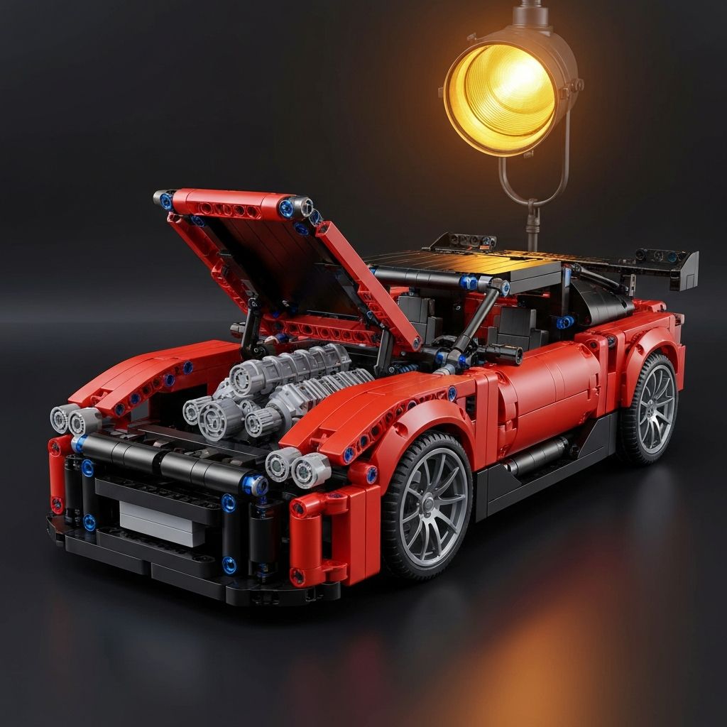 Premium 1:8 scale Technic car set model with exposed V8 piston engine, sequential gearbox, independent double-wishbone suspension, and soft rubber tires in red and black ABS bricks