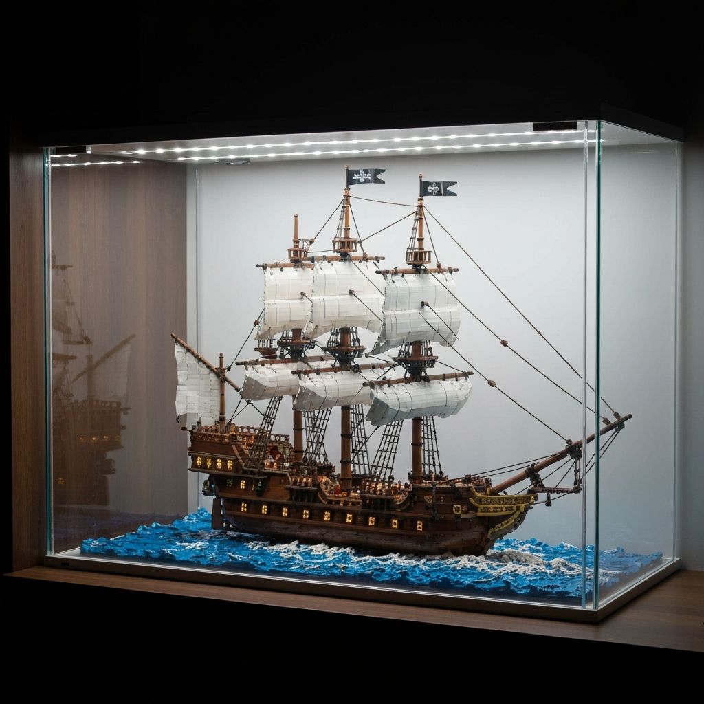 Reobrix 66003 Black Pearl model displayed in glass cabinet with LED lighting in a home office setting