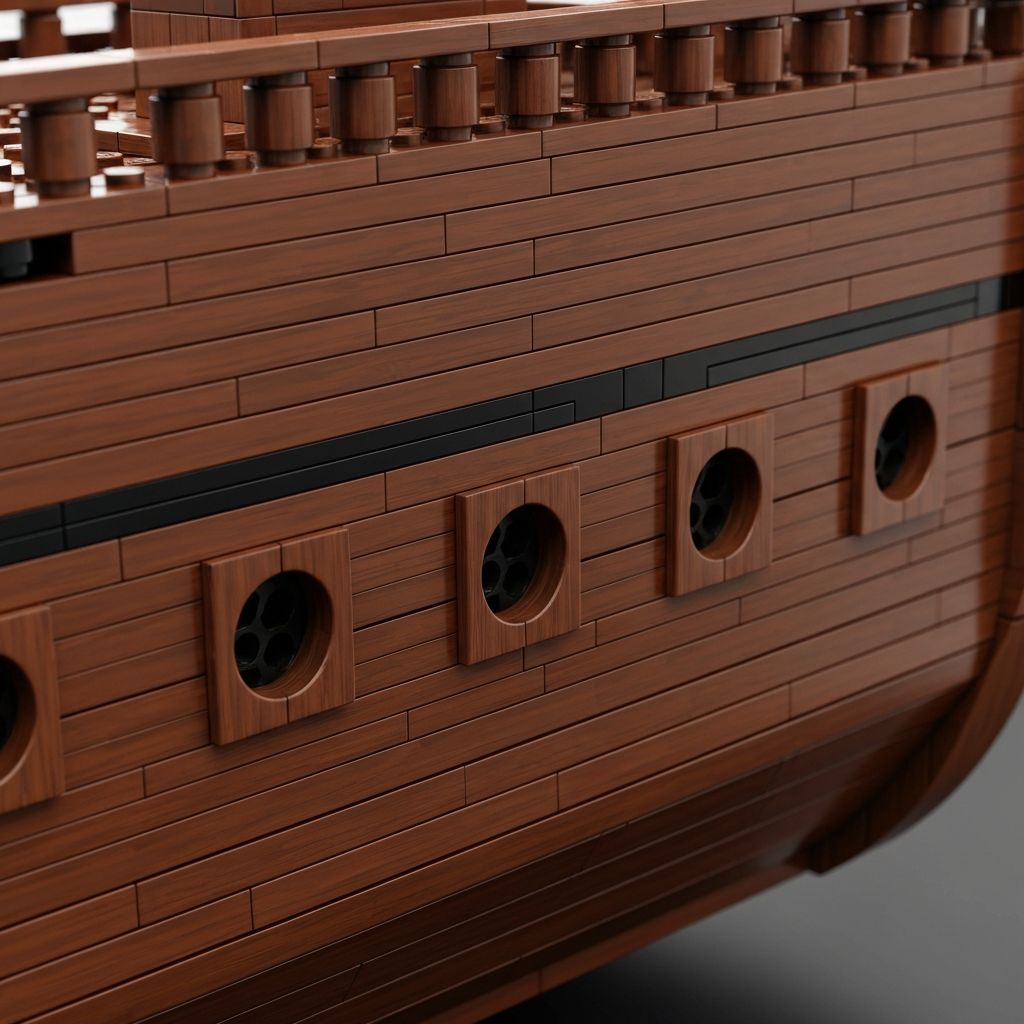 Close-up of Reobrix 66003 Black Pearl hull construction showing detailed brick layering and cannon port design