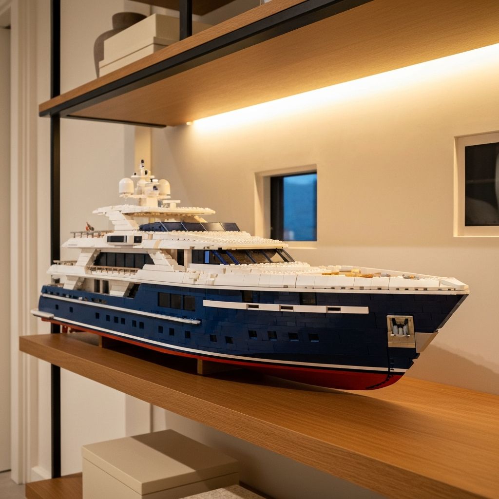 Completed Reobrix 20001 luxury yacht building block model displayed on a modern wooden shelf — 30-inch finished display piece