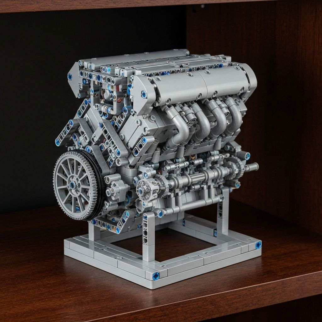 Completed Reobrix V12 engine building block model in glass display case with LED accent lighting