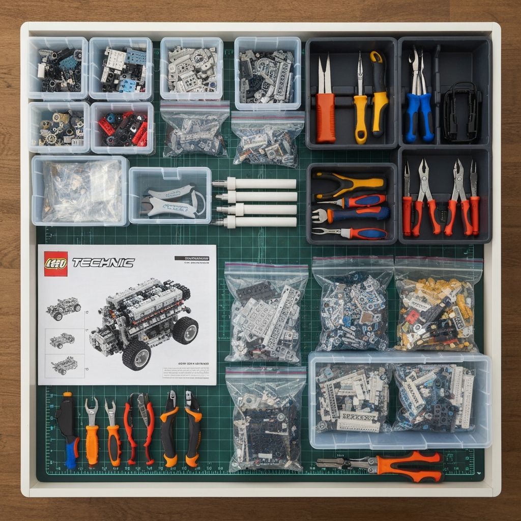 Organized workspace setup for Reobrix V12 engine build with sorted ABS pieces, trays, and open instruction manual
