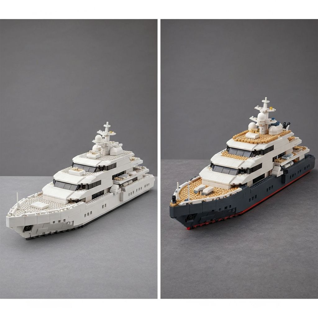 Reobrix 20001 luxury yacht vs major brand yacht building set size comparison — 30-inch vs 18-inch finished model