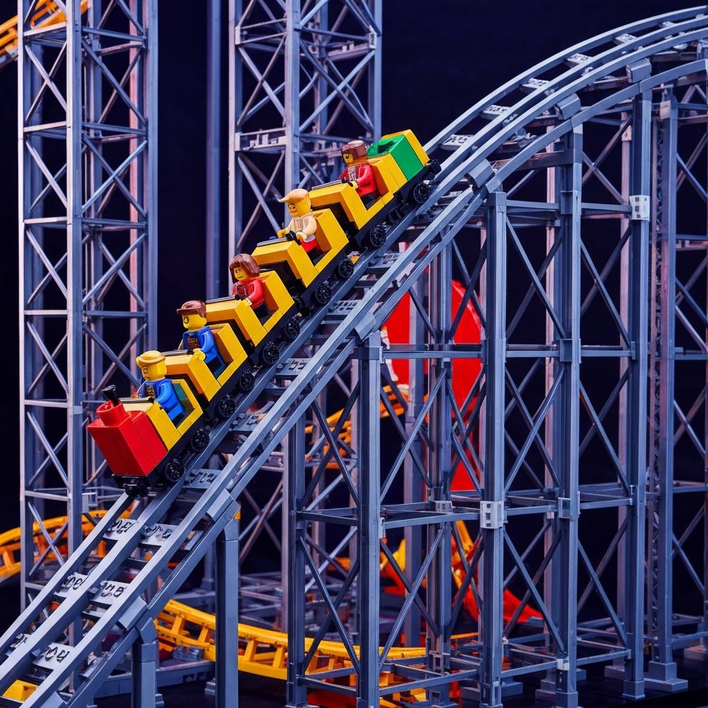 Close-up of Rollercoaster 10261 support lattice and train car climbing the lift hill with minifigure riders