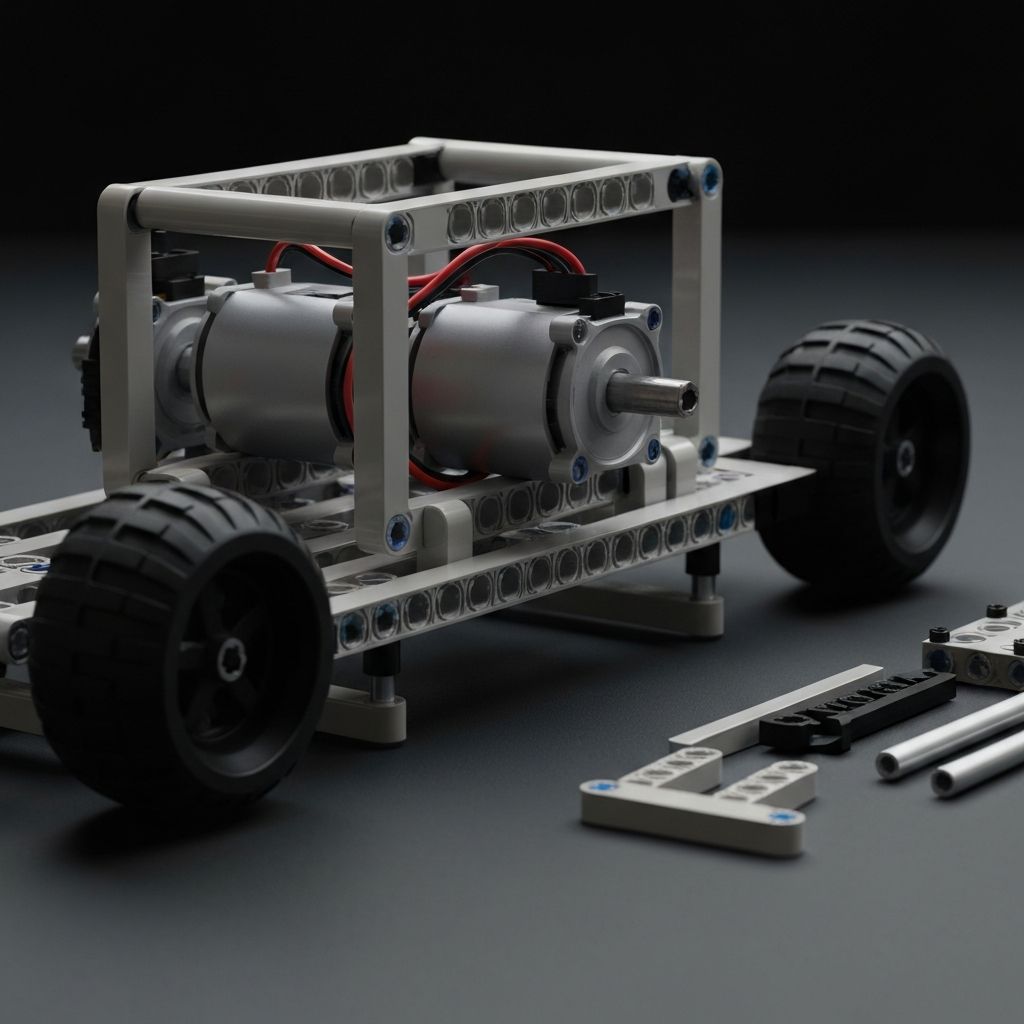 Self-balancing robot chassis under construction showing 15-module liftarms dual 9V motors 62mm rubber tires and 5x7 reinforcement frames