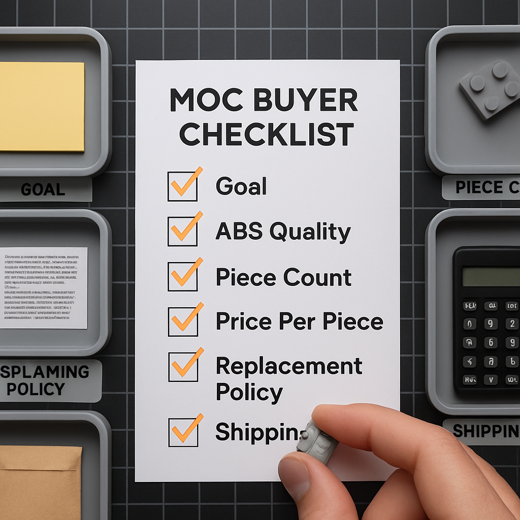 Overhead flat-lay of a MOC buyer preparation workspace showing a 6-row checklist, ABS brick clutch test, and six labelled sorting trays covering goal, quality, piece count, price per piece, replacement policy, and shipping