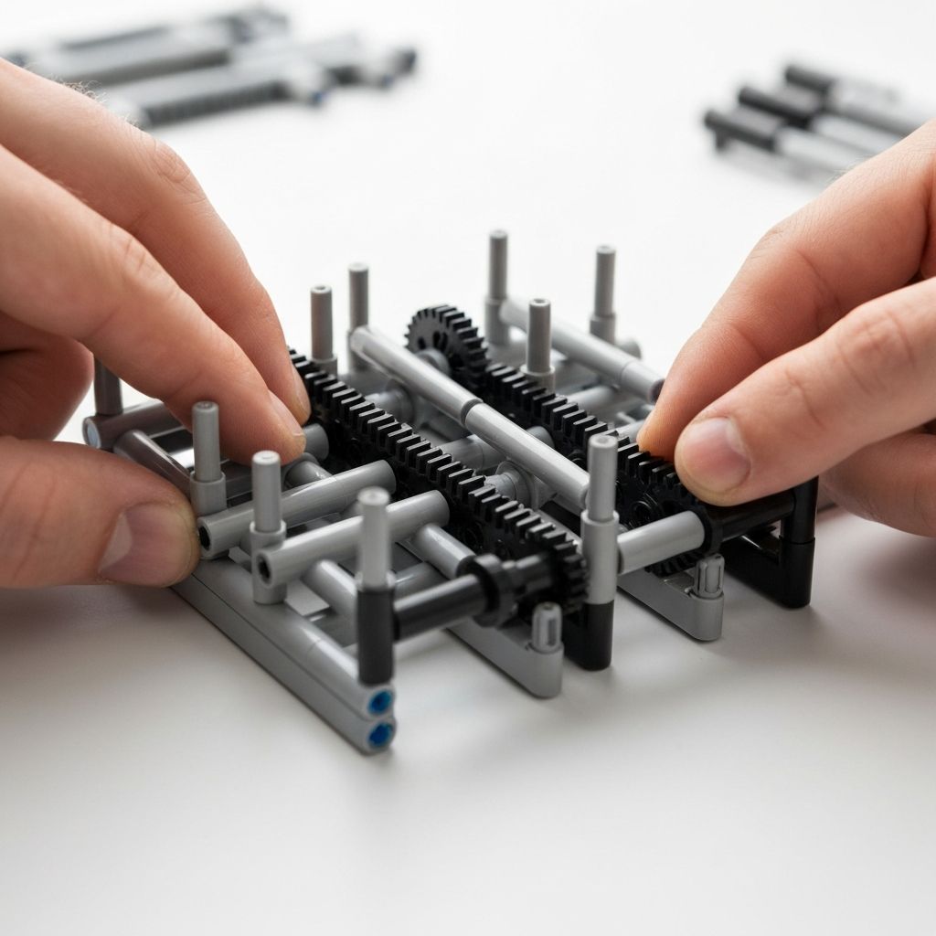 Sembo Technic sequential gearbox assembly with axles, pins and gear train in 1:14 supercar chassis
