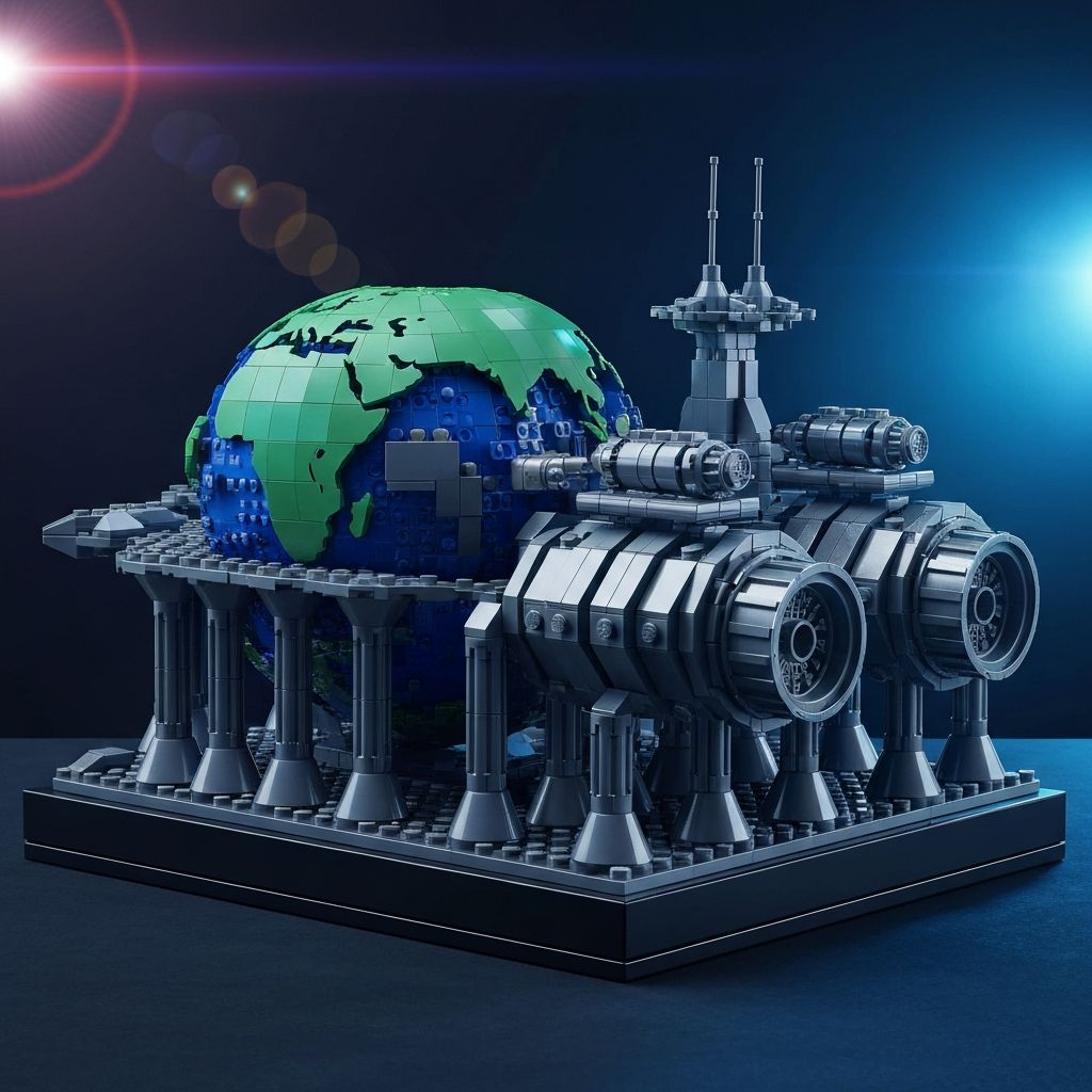 Sembo Wandering Earth alternative building block sci-fi planetary engine model with dark grey and teal ABS bricks displayed under dramatic blue studio lighting