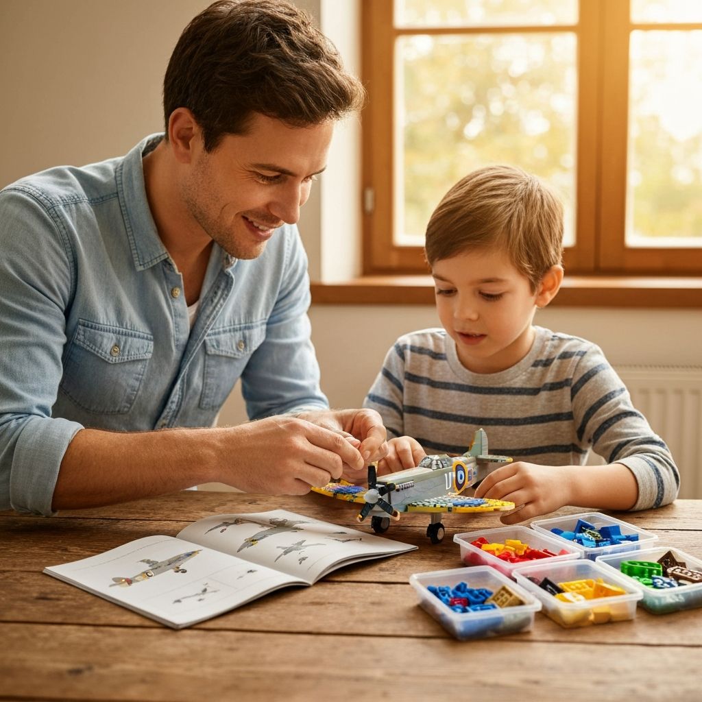 Parent and child assembling the Sluban Spitfire M38-B0688 building block model together at a table