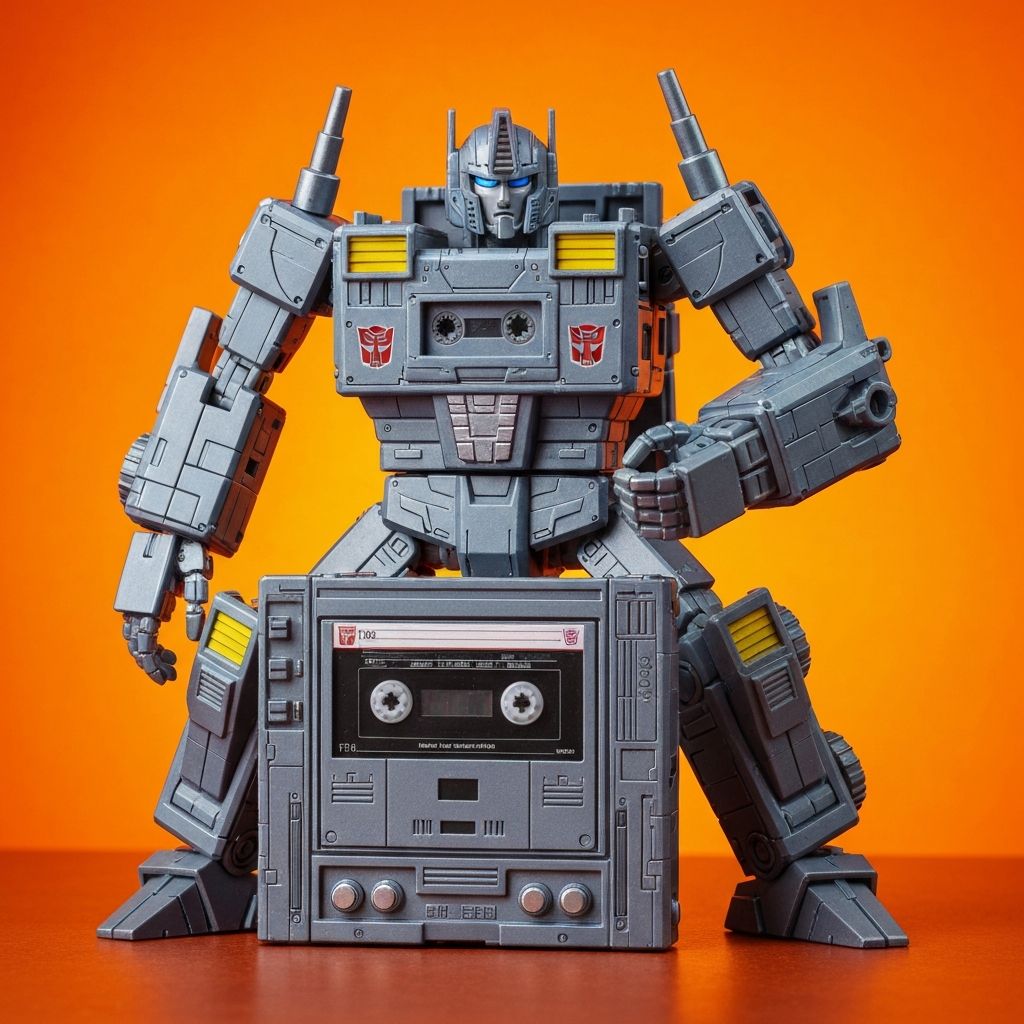 G1 Soundwave building block model in cassette deck mode displayed in a glass collector case with LED accent lighting