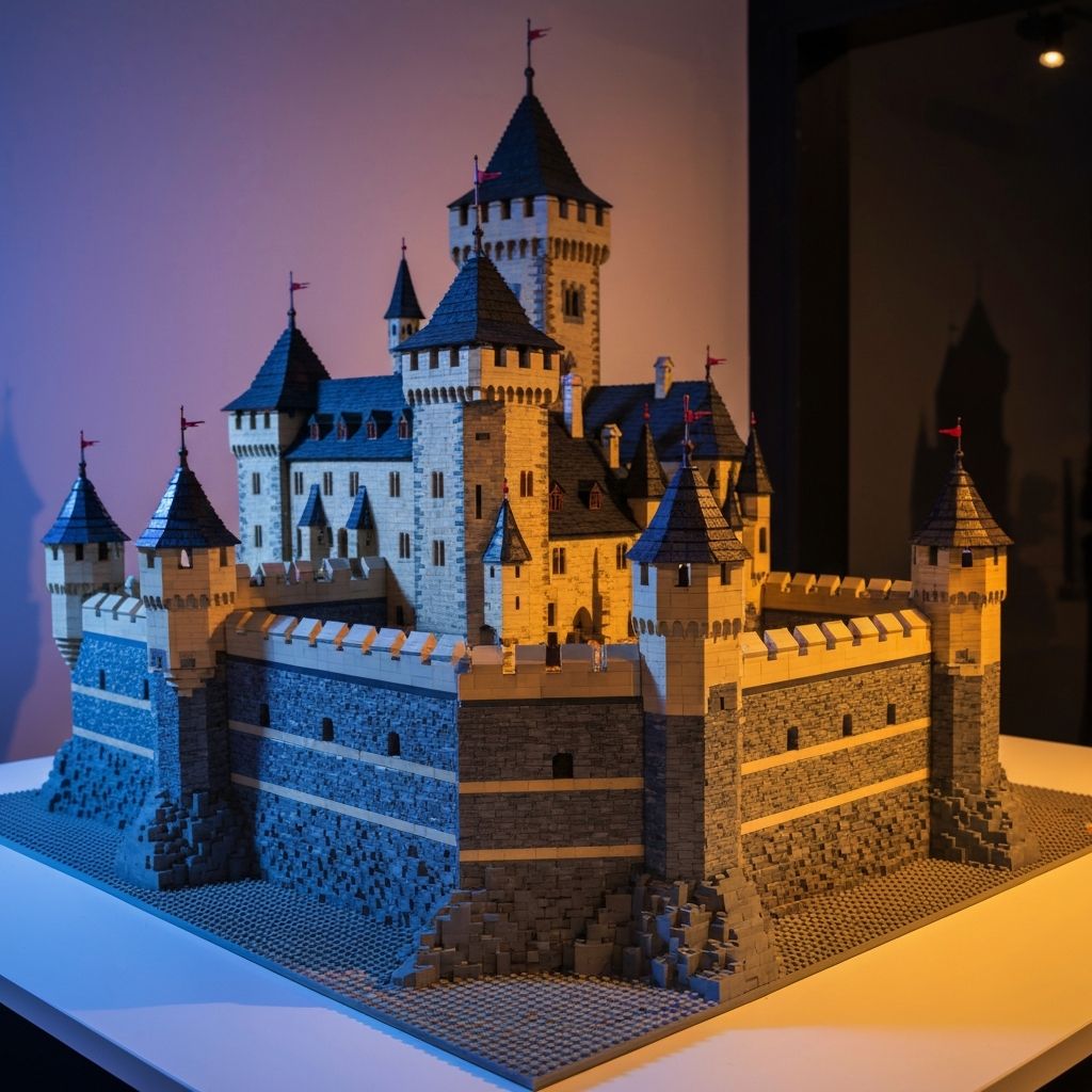 Premium adult building block Bärenfels Castle fortress model assembled from ABS bricks with dark grey stone walls twin towers battlements arched gatehouse and layered terrain