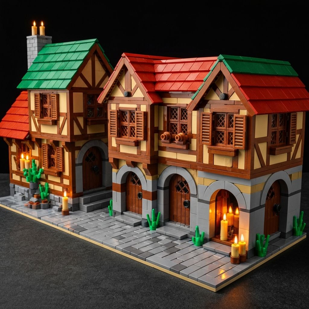 Premium adult building block modular medieval street scene: three connected timber-frame and stone houses with cobblestone base and warm candlelight amber side lighting