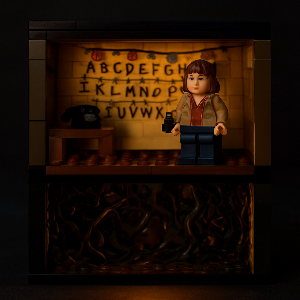 Stranger Things The Upside Down 75810 interior cross-section detail showing the flip axis split line, upper Byers living room with Christmas light tiles and alphabet wall, lower Upside Down layer with dense vine-covered walls in dark green and brown