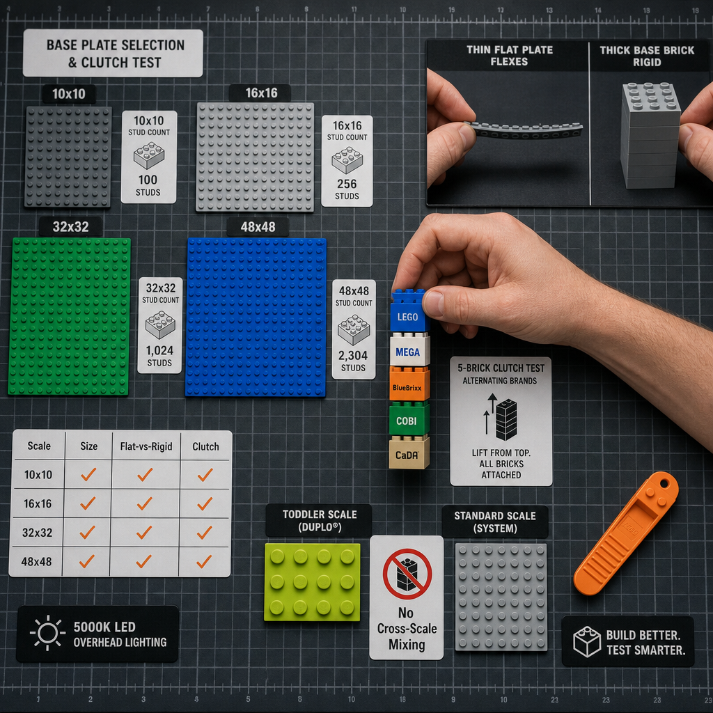 Overhead workspace showing four LEGO compatible base plate sizes, thin vs rigid plate comparison, five-brick clutch test, and No Cross-Scale Mixing warning card