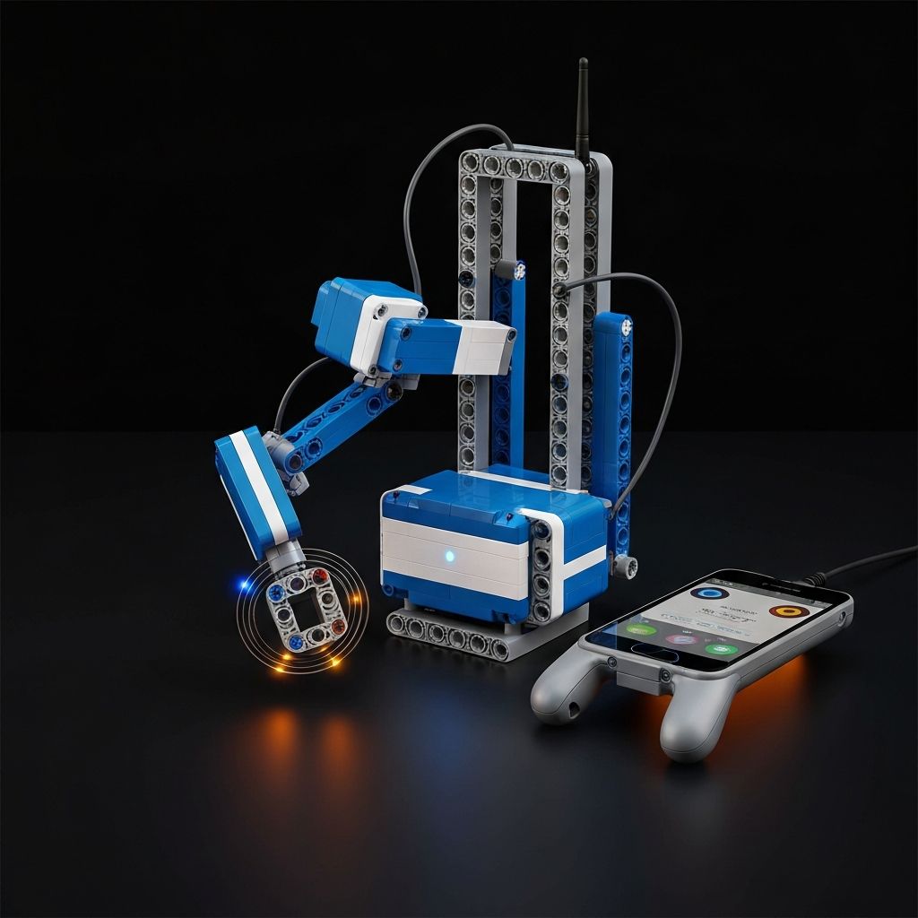 Building block programmable robot toy with articulated six-axis arm servo joints Bluetooth control hub and cable routing through Technic liftarm channels