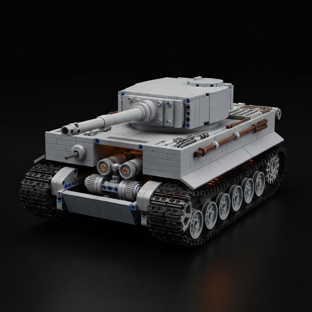 Building block Tiger I heavy tank model with rear hull panel removed showing internal XL motor dual gearbox and track-drive sprocket assembly