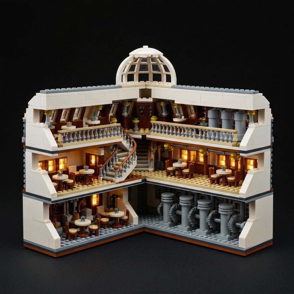 Titanic 10294 Creator Expert center hull section separated revealing cross-section interior with Grand Staircase, first-class dining saloon, boiler room, and engine room built from ABS bricks