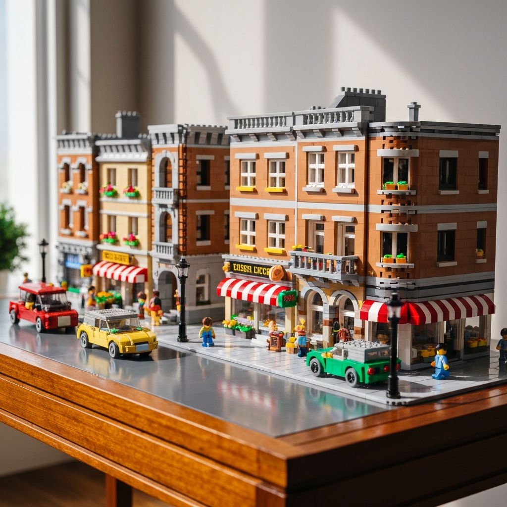 Large scale MOC modular city building set assembled from MOREBYBOURN LEGO-compatible ABS bricks on display shelf