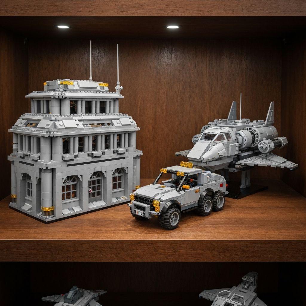 Premium display shelf with three completed adult building block models: a large architectural landmark, a Technic construction vehicle, and a high-piece-count sci-fi spaceship with amber accent lighting
