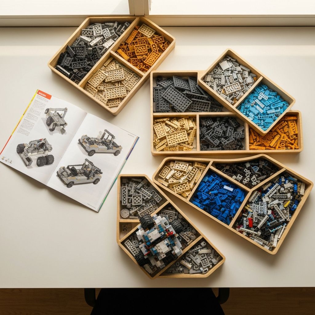 Overhead view of an organized adult building block workspace with multiple shallow sorting trays filled with ABS bricks sorted by part type, open instruction booklet, and partially completed model