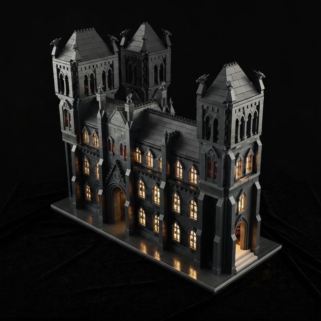 Wednesday Addams gothic Nevermore Academy brick model assembled from black grey and purple ABS bricks with dramatic studio lighting