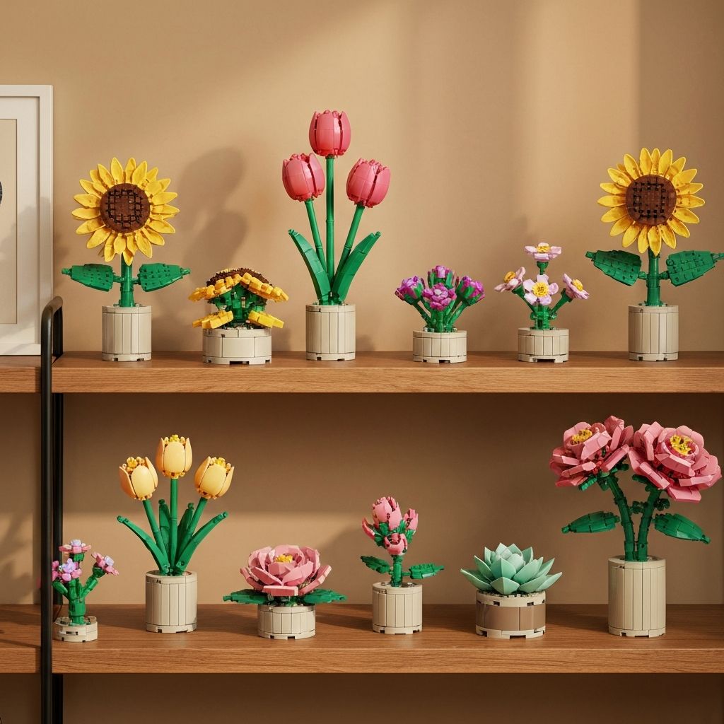 MOREBYBOURN botanical flower brick collection displayed on modern wooden shelf — sunflowers tulips roses and succulents in colorful ABS bricks