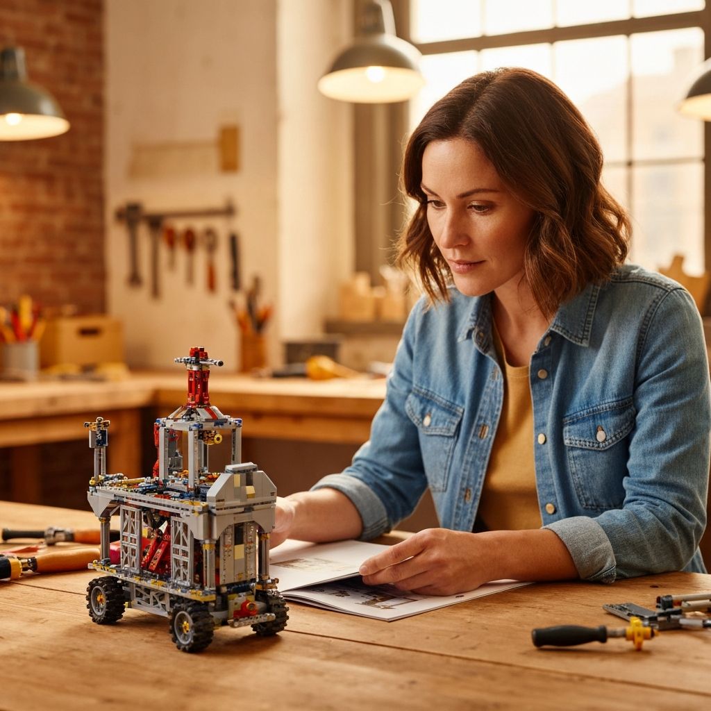 Adult collector reviewing an instruction manual and buyer checklist beside a partially assembled large collectible building set — pre-purchase evaluation for complex building sets for adults