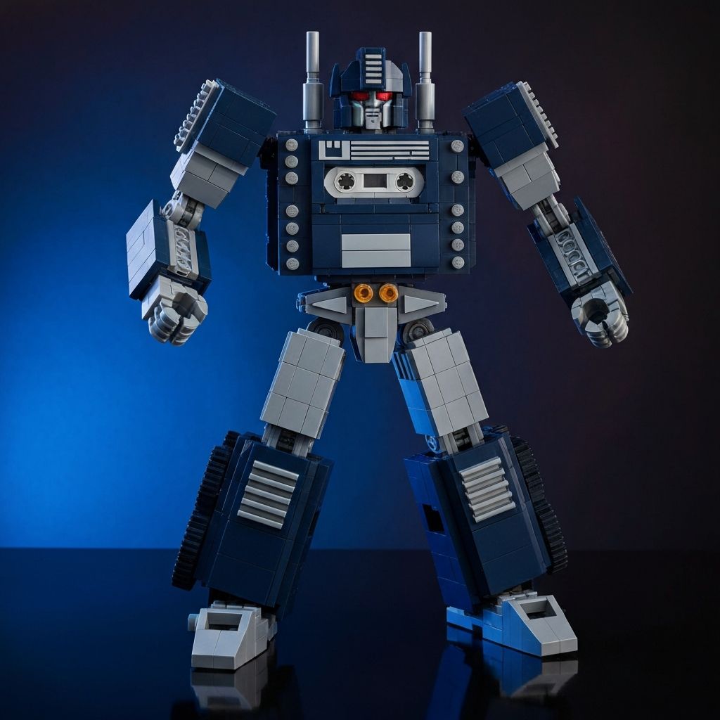 Premium MOREBYBOURN Soundwave G1 building block model in robot mode, navy blue and silver ABS bricks