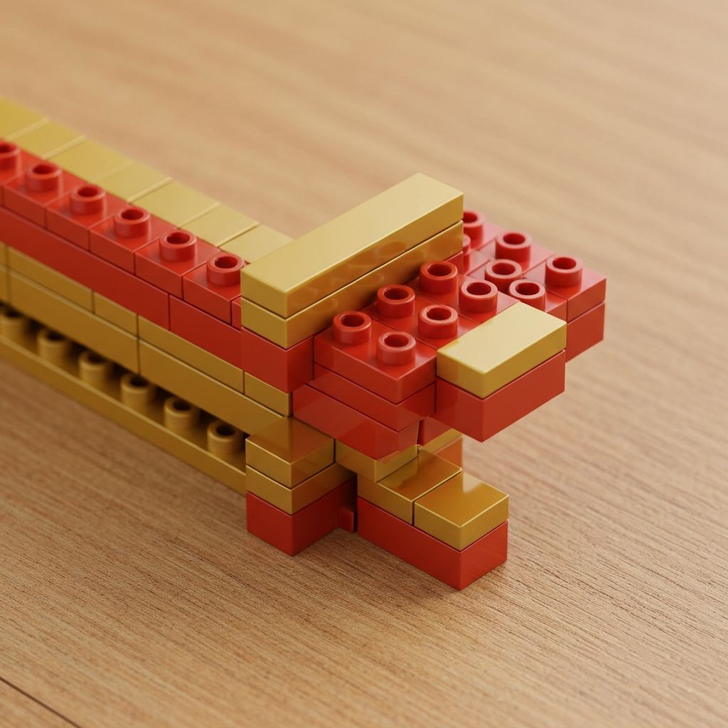 Close-up of Zhegao Dougong cap and block bracket system replicated in ABS bricks — hallmark of Chinese architectural accuracy