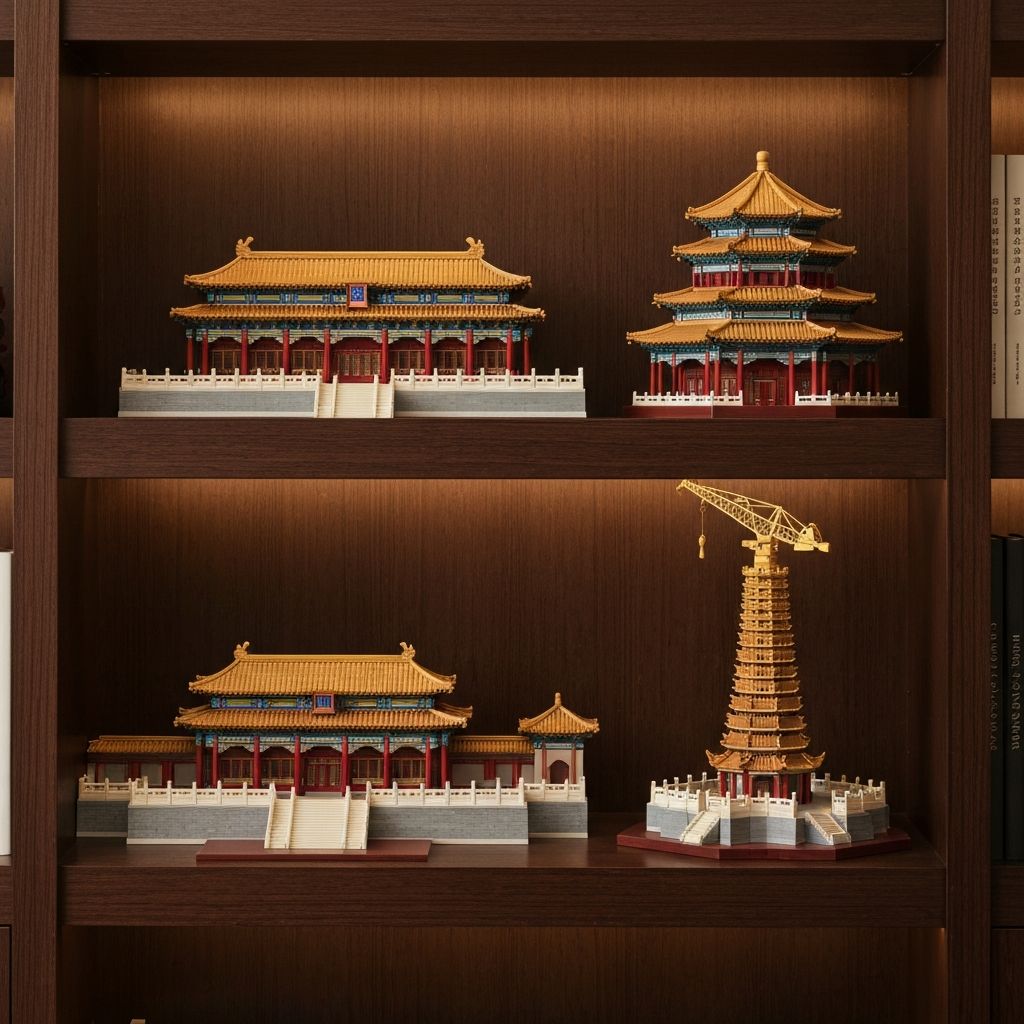 Multiple Zhegao Chinese architecture building block models displayed on premium dark wood bookshelves in a sophisticated home office